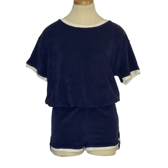 NEW ZARA Retro Navy Blue Terrycloth One Piece Romper White Trim Cozy Lounge M - Picture 7 of 12